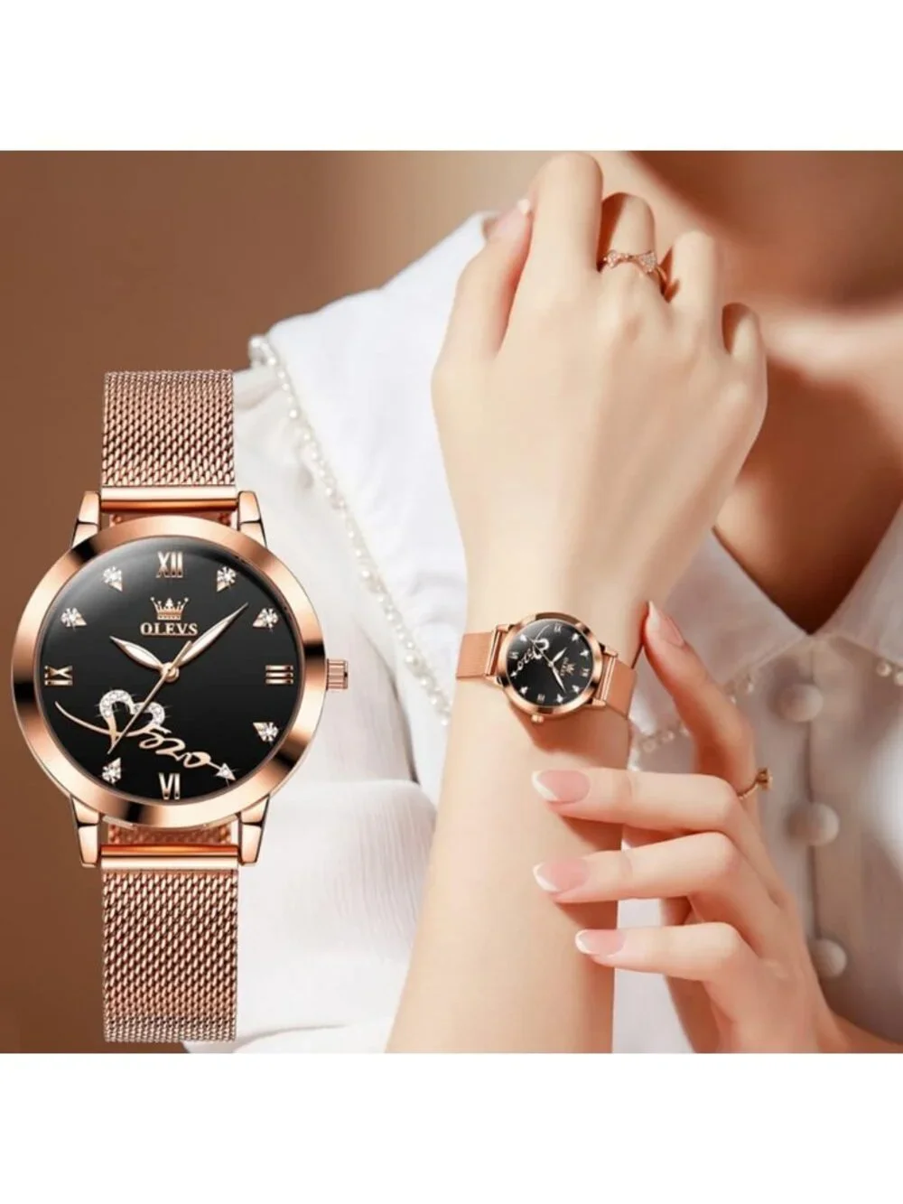 Women's Rose Gold Black Mesh Strap Fashion Dress Heart Quartz Bracelet Set Watch